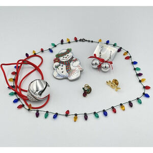 Vintage Christmas Jewelry Lot 6 PC Necklace Brooch Pin Earrings Snowman Angel